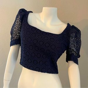Aqua Puff Sleeve Lace Crop Top